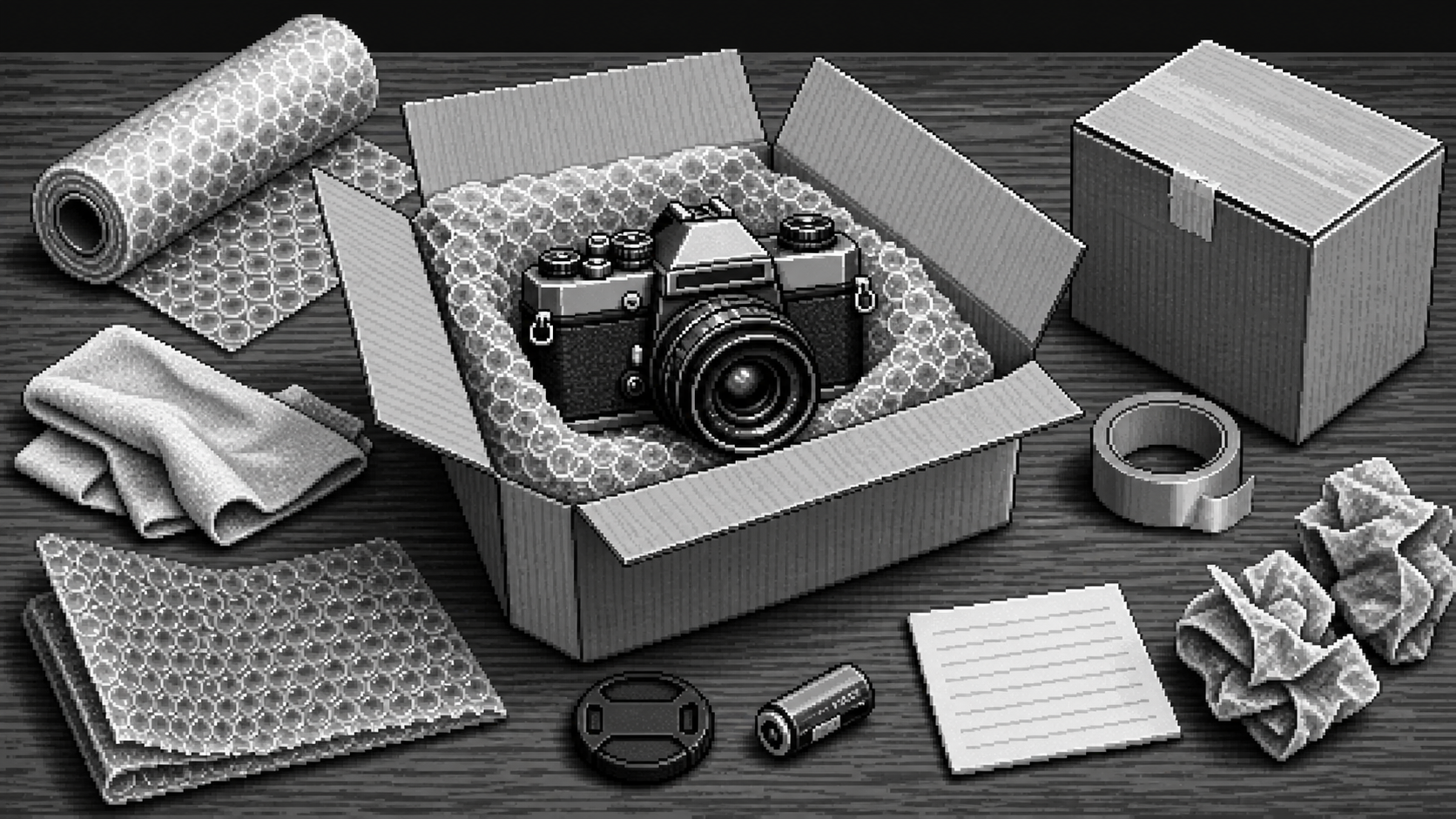 Appareil photo argentique préparé avec papier bulle et accessoires retirés