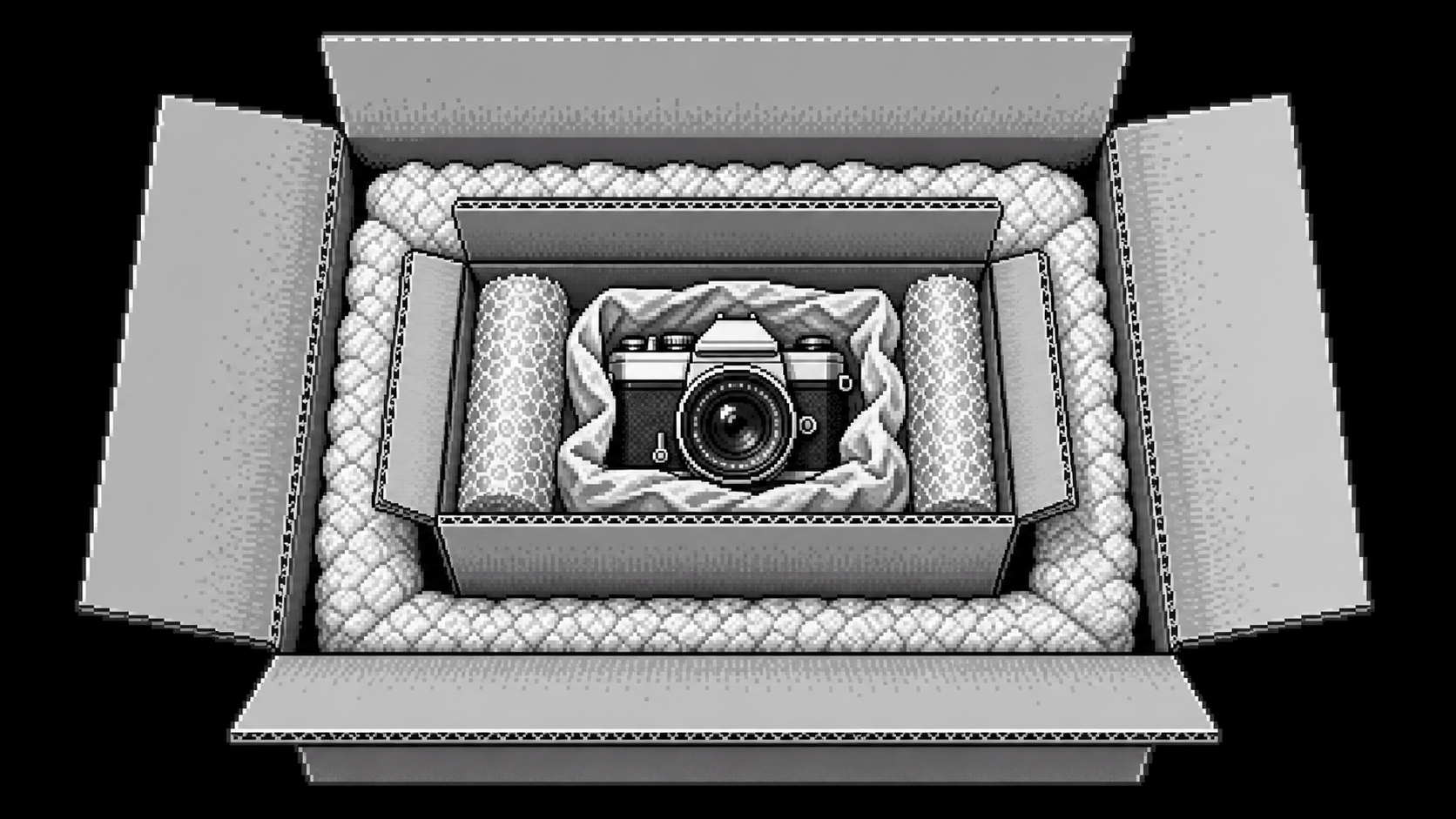 Double carton avec appareil photo protégé par du calage