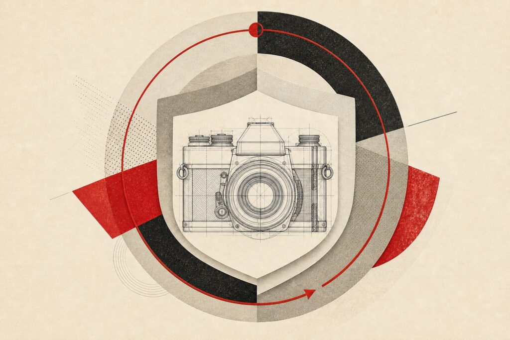 Dessin technique blueprint d’un appareil photo argentique protégé par un bouclier circulaire